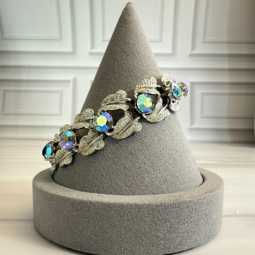 Vintage Coro Silver Tone Aurora Borealis AB Rhinestone Leaf Link Bracelet 7 Inch